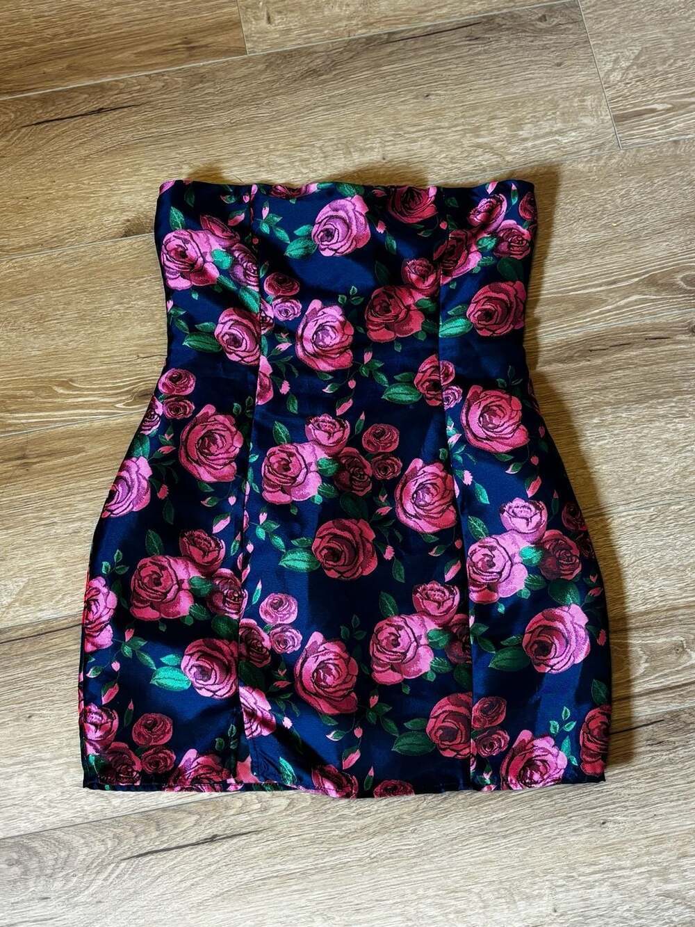 Lulus Love Vividly Navy Blue & Pink Floral Jacquard Strapless Mini Dress Size M